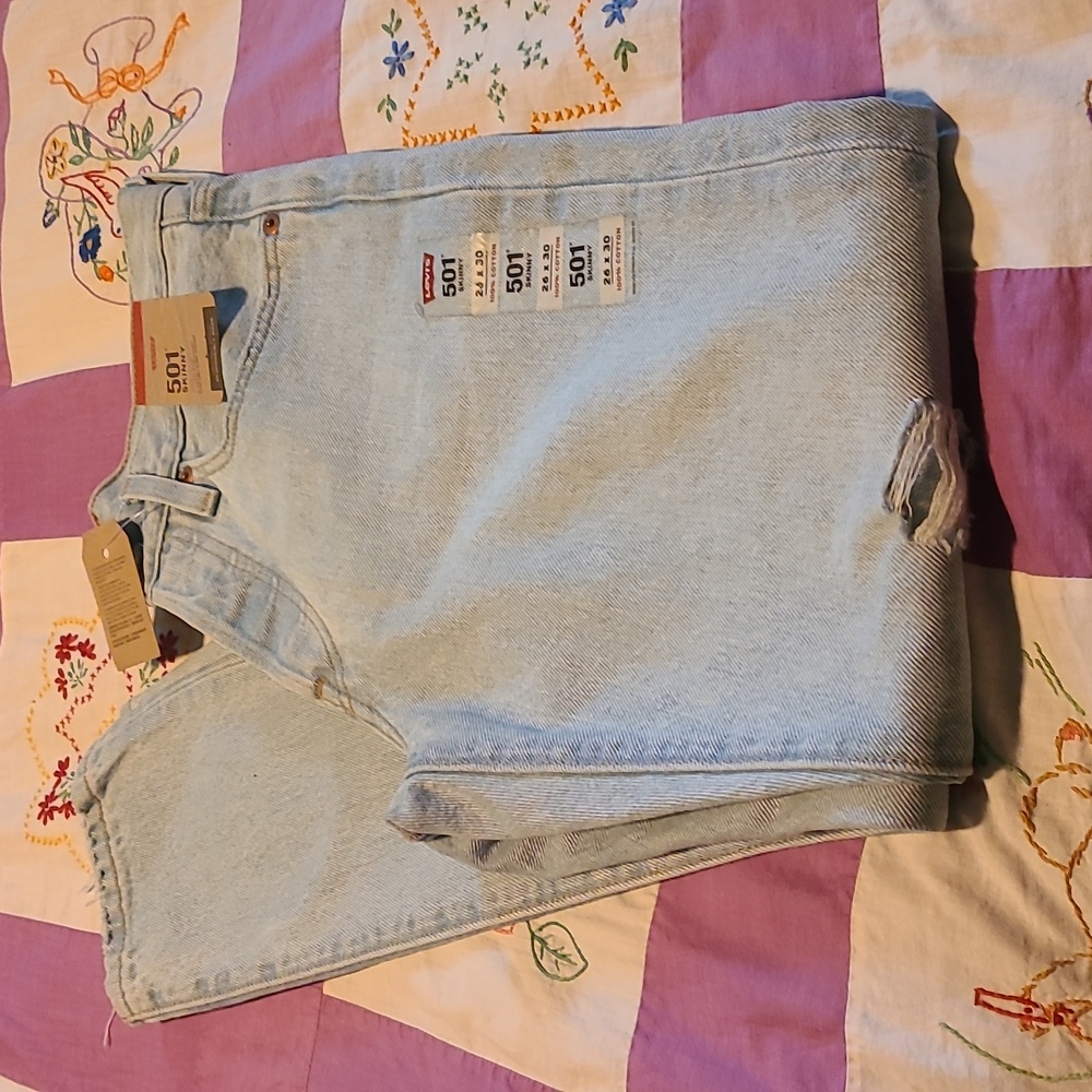 501 Levi Skinny size 26 x 30 New With Tags Distressed Light Wash Denim.